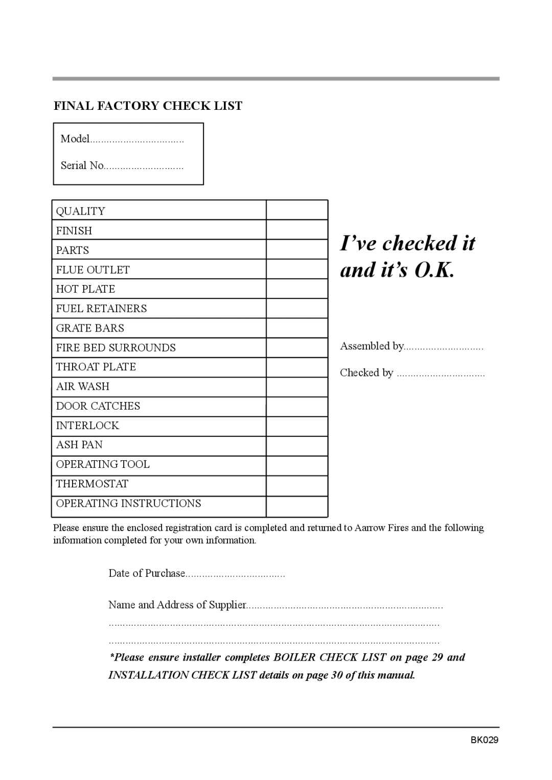 Aarrow Fires Stratford Tf, Stratford Ti installation manual ’ve checked it and it’s O.K, Final Factory Check List 