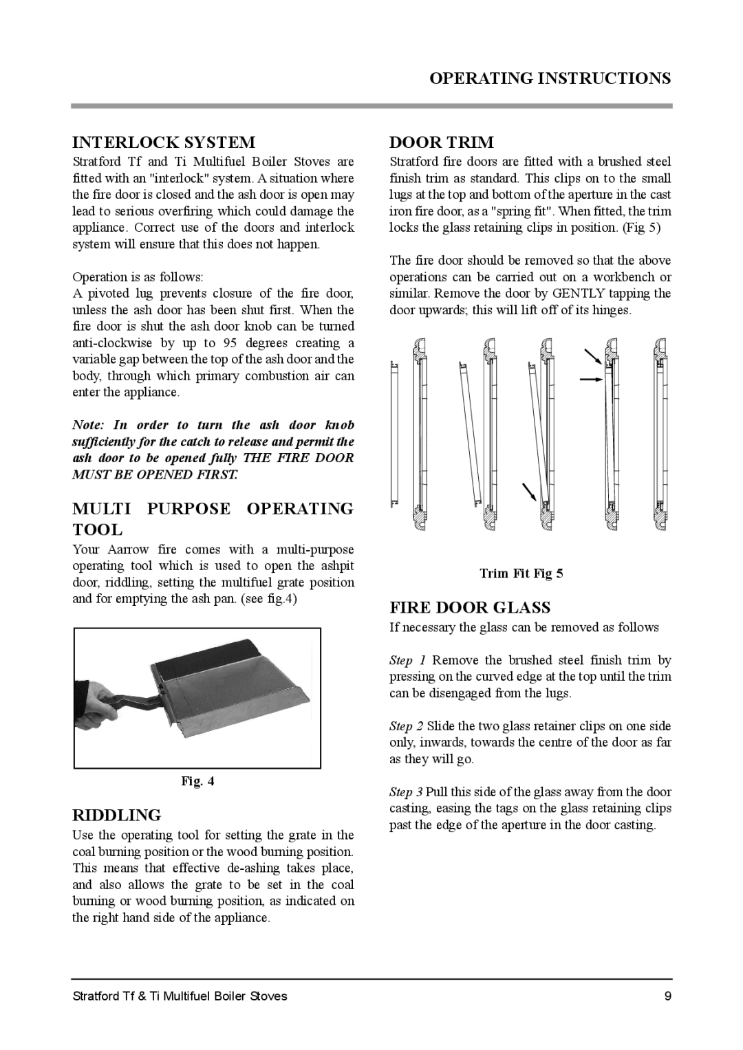 Aarrow Fires Stratford Ti Operating Instructions Interlock System, Multi Purpose Operating Tool, Riddling, Door Trim 