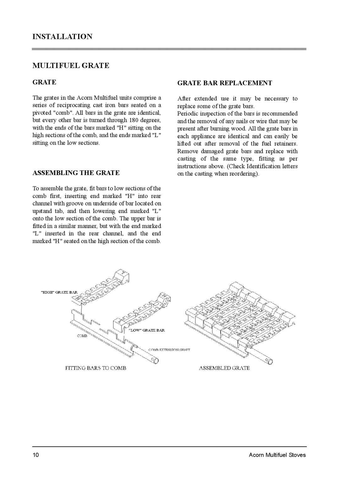 Aarrow Fires Tf 70 installation manual Installation Multifuel Grate, Assembling the Grate, Grate BAR Replacement 