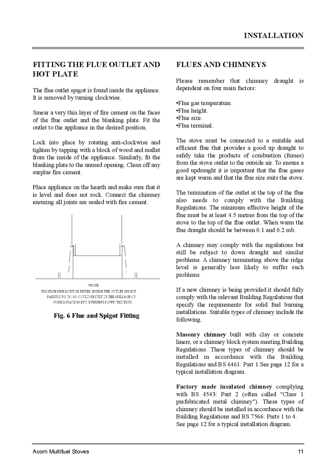 Aarrow Fires Tf 70 installation manual Installation Fitting the Flue Outlet and HOT Plate, Flues and Chimneys 