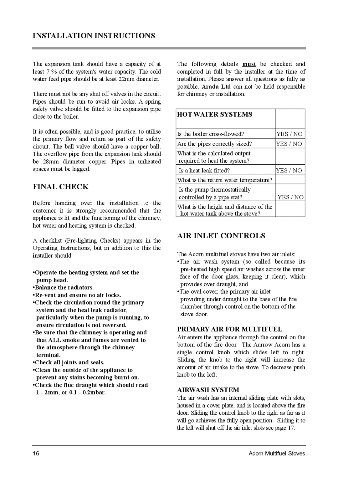 Aarrow Fires Tf 70 installation manual Installation Instructions, Final Check, AIR Inlet Controls 