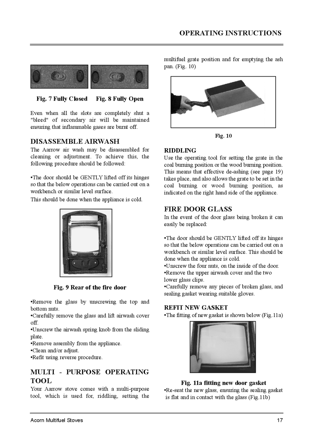 Aarrow Fires Tf 70 Operating Instructions, Disassemble Airwash, Multi Purpose Operating Tool, Fire Door Glass 