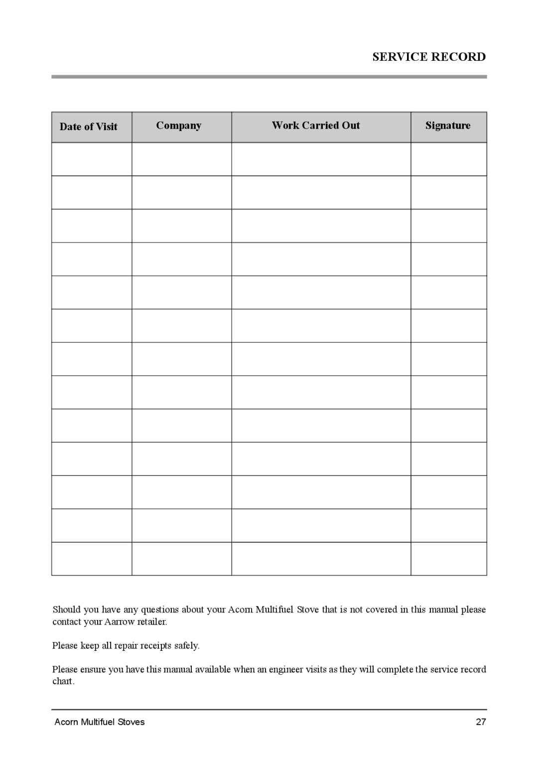 Aarrow Fires Tf 70 installation manual Service Record, Date of Visit Company Work Carried Out Signature 