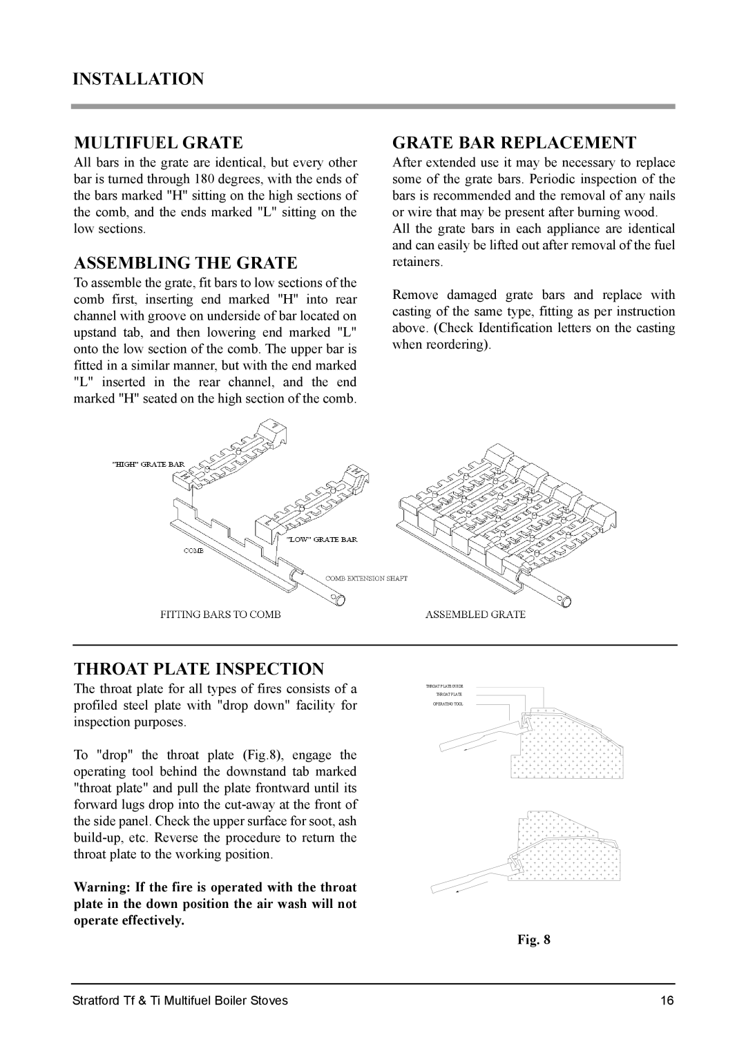 Aarrow Fires Tf 70 Installation Multifuel Grate, Assembling the Grate, Grate BAR Replacement, Throat Plate Inspection 