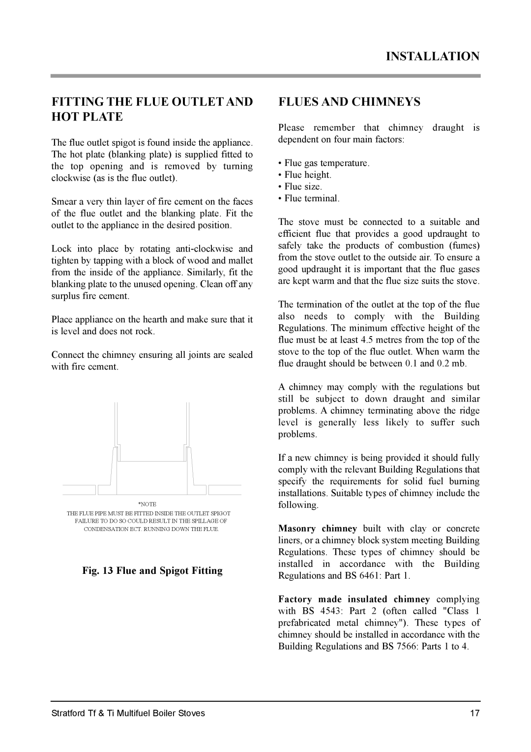 Aarrow Fires Tf 70 installation manual Installation Fitting the Flue Outlet and HOT Plate, Flues and Chimneys 