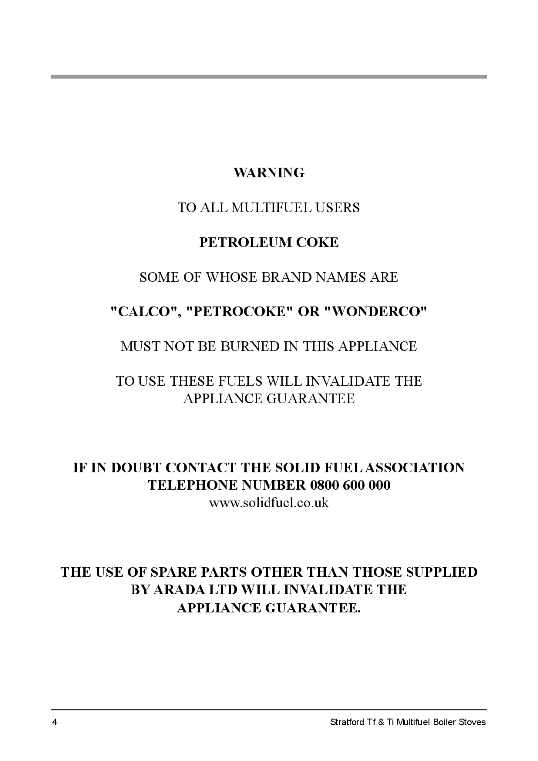 Aarrow Fires Tf 70 installation manual Petroleum Coke 