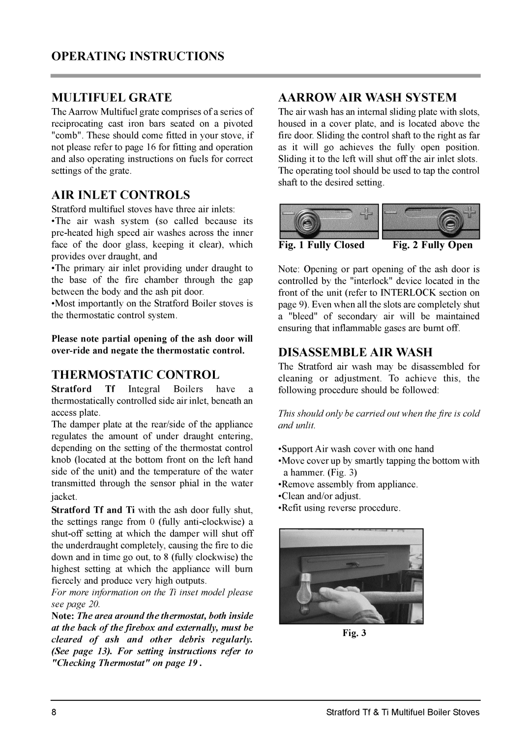 Aarrow Fires Tf 70 installation manual Operating Instructions Multifuel Grate, Aarrow AIR Wash System, AIR Inlet Controls 