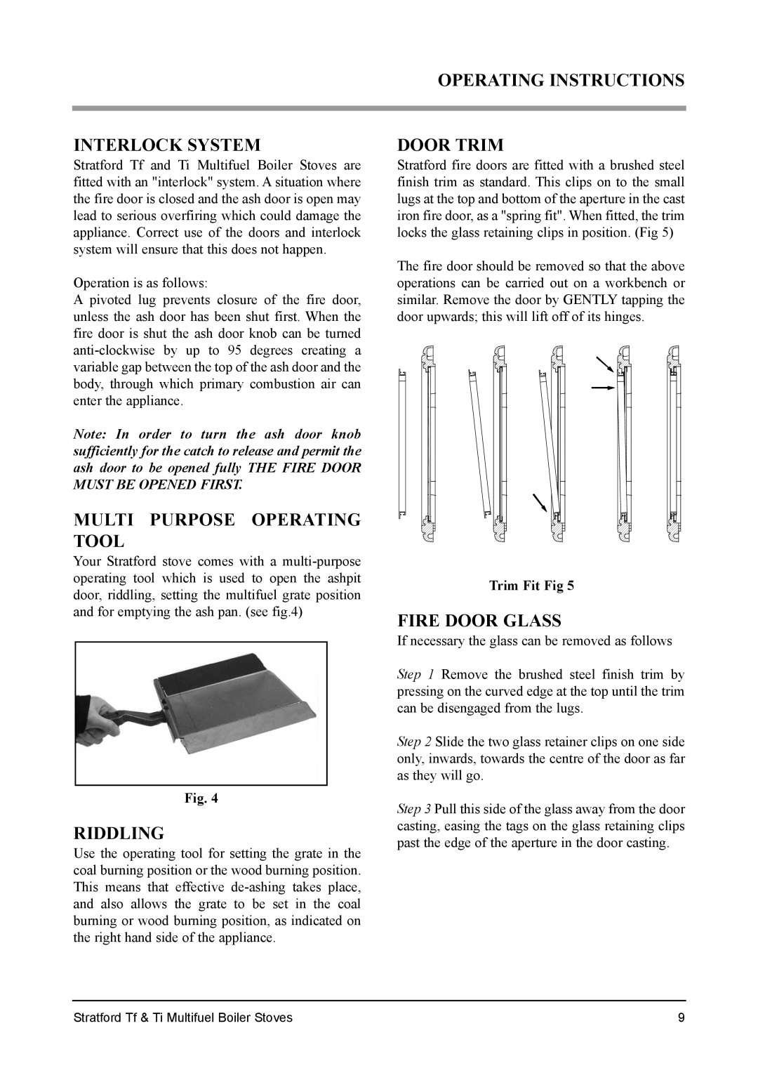 Aarrow Fires Tf 70 Operating Instructions Interlock System, Multi Purpose Operating Tool, Riddling, Door Trim 