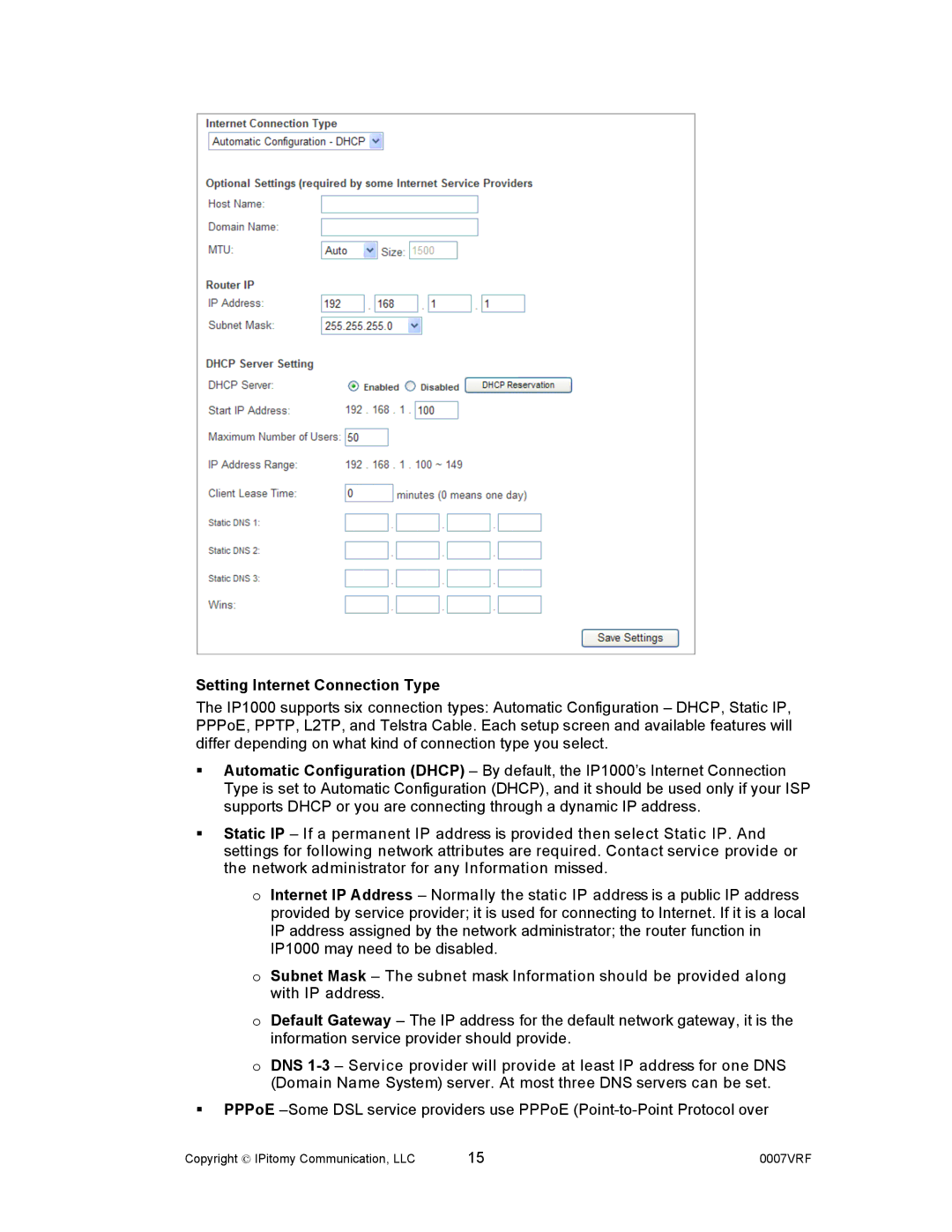 Aastra Telecom 1000 manual Setting Internet Connection Type 