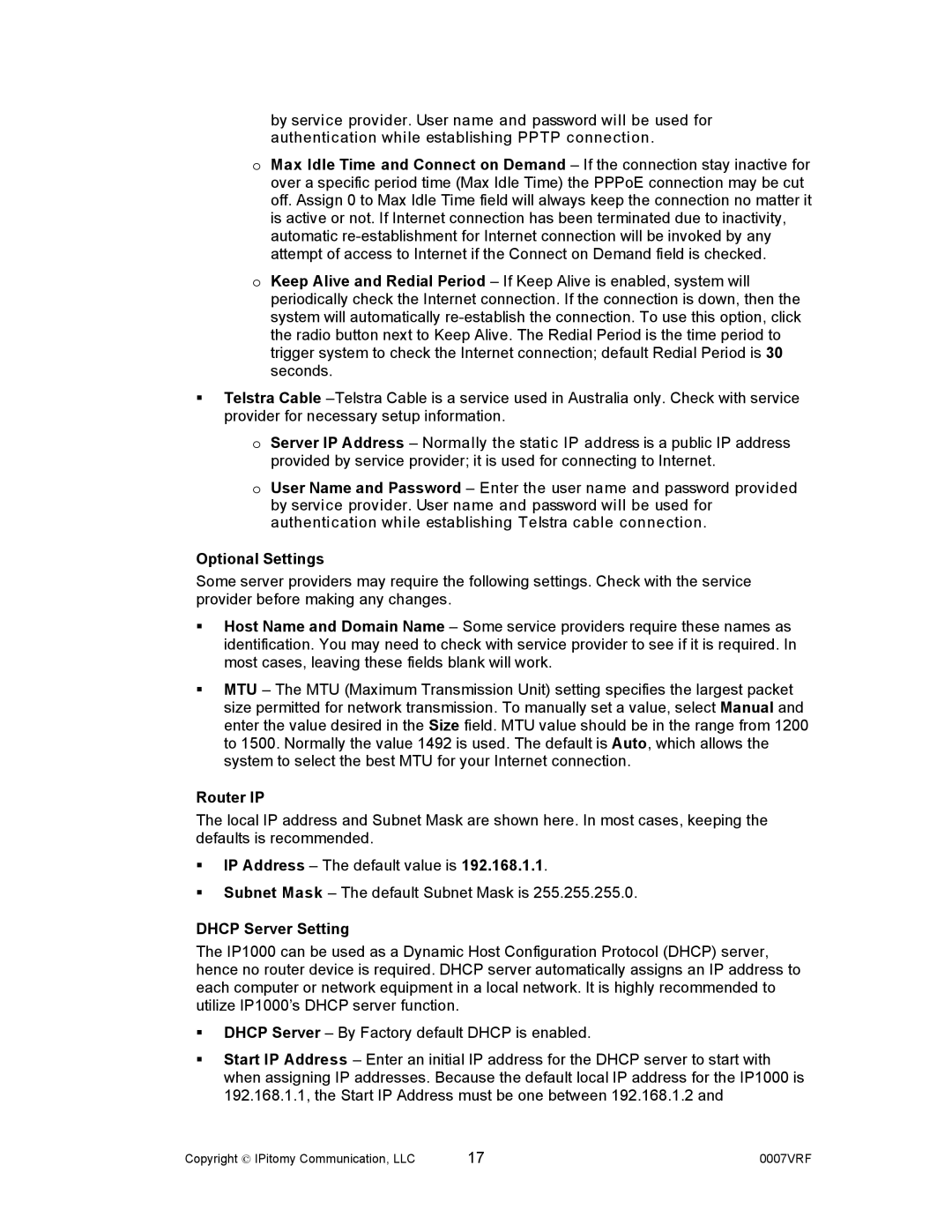 Aastra Telecom 1000 manual Optional Settings, Router IP, Dhcp Server Setting 