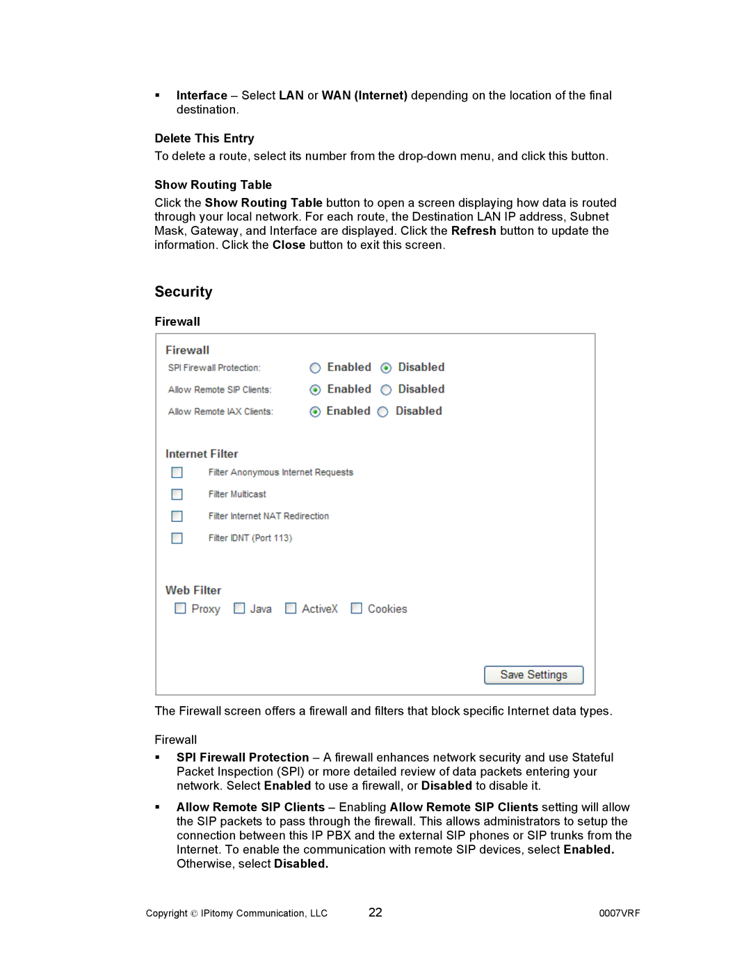 Aastra Telecom 1000 manual Security, Delete This Entry, Show Routing Table, Firewall 