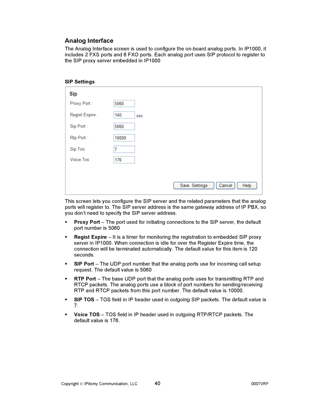 Aastra Telecom 1000 manual Analog Interface, SIP Settings 