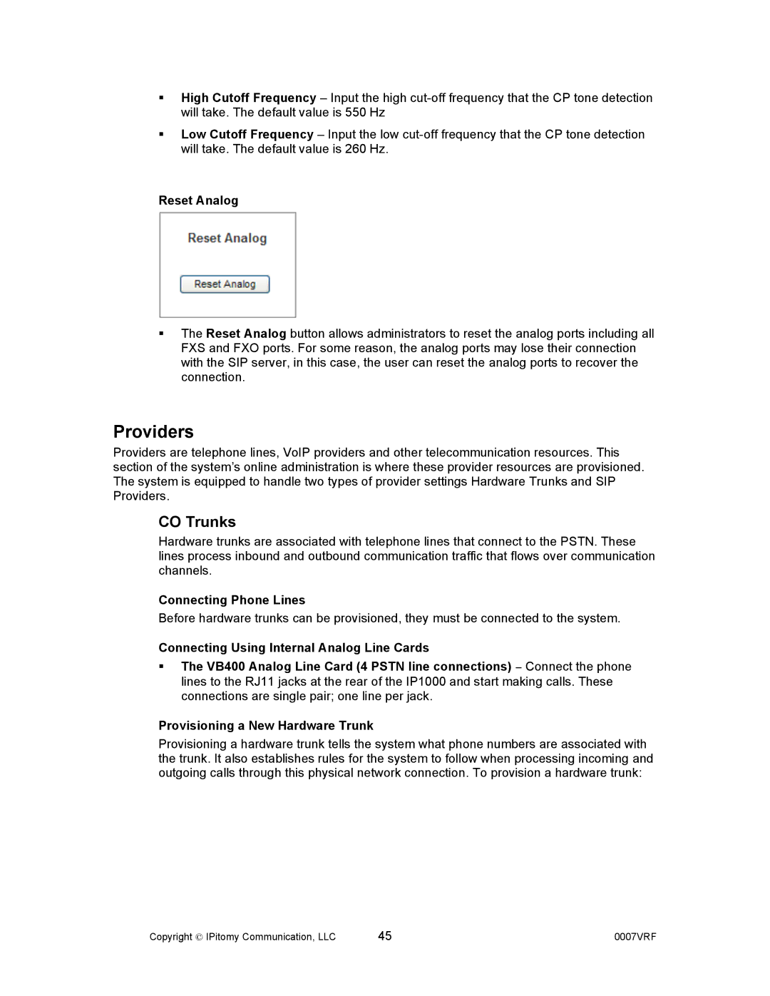 Aastra Telecom 1000 manual Providers, CO Trunks, Reset Analog, Connecting Phone Lines 