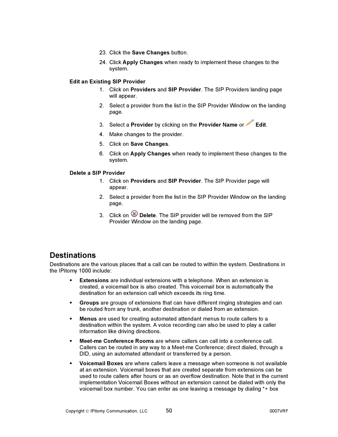 Aastra Telecom 1000 manual Destinations, Edit an Existing SIP Provider, Click on Save Changes, Delete a SIP Provider 