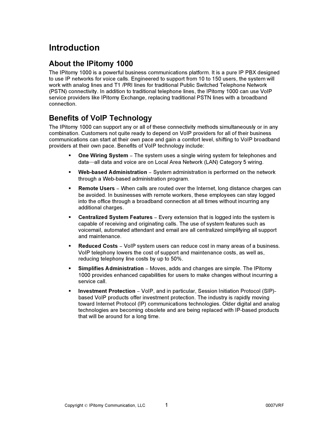 Aastra Telecom 1000 manual About the IPitomy, Benefits of VoIP Technology 