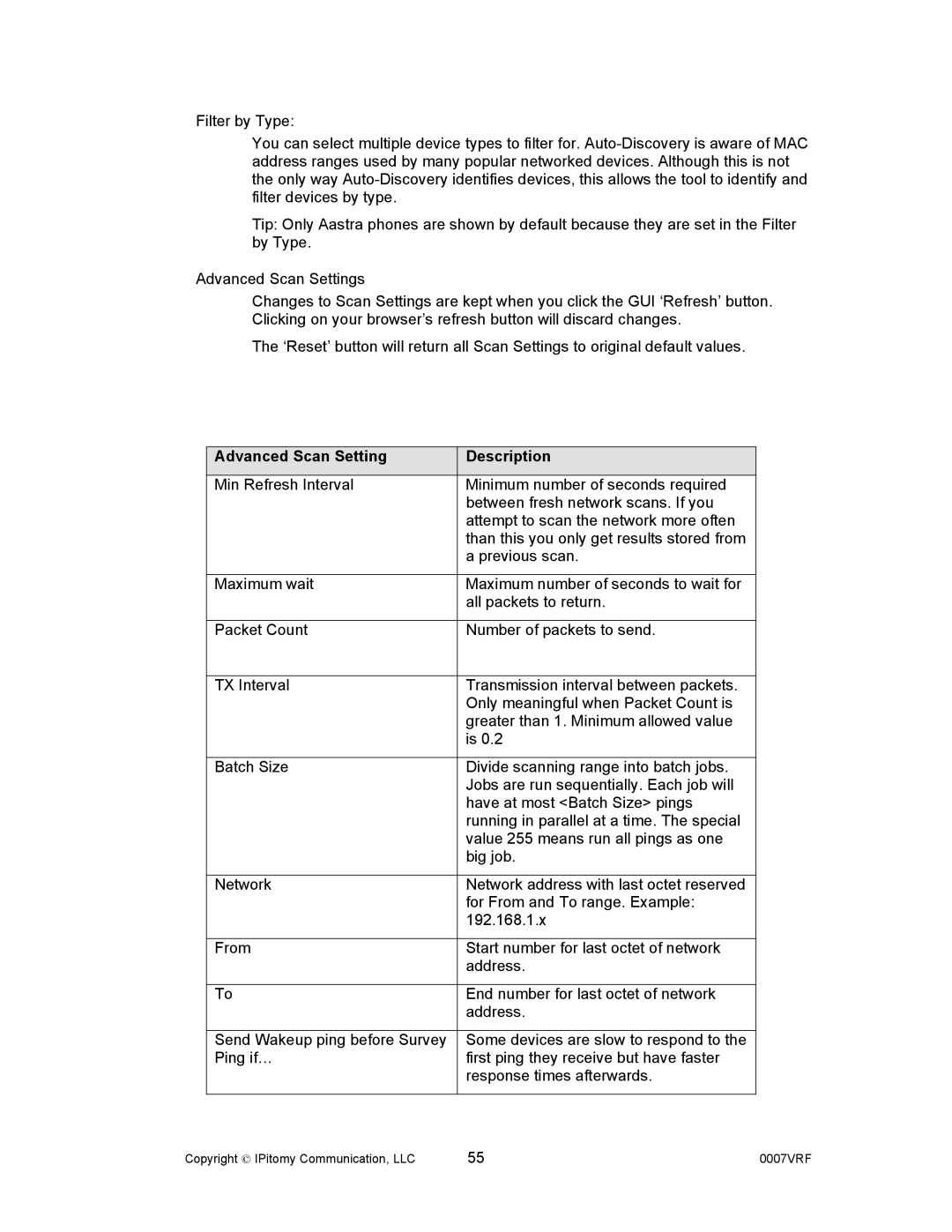 Aastra Telecom 1000 manual Advanced Scan Setting Description 