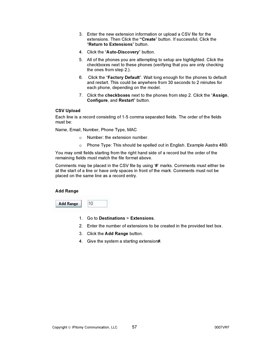 Aastra Telecom 1000 manual CSV Upload, Add Range Go to Destinations Extensions 