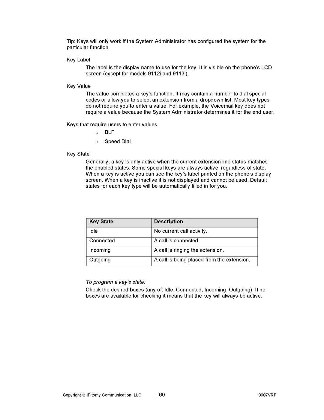 Aastra Telecom 1000 manual Key State Description, To program a key’s state 