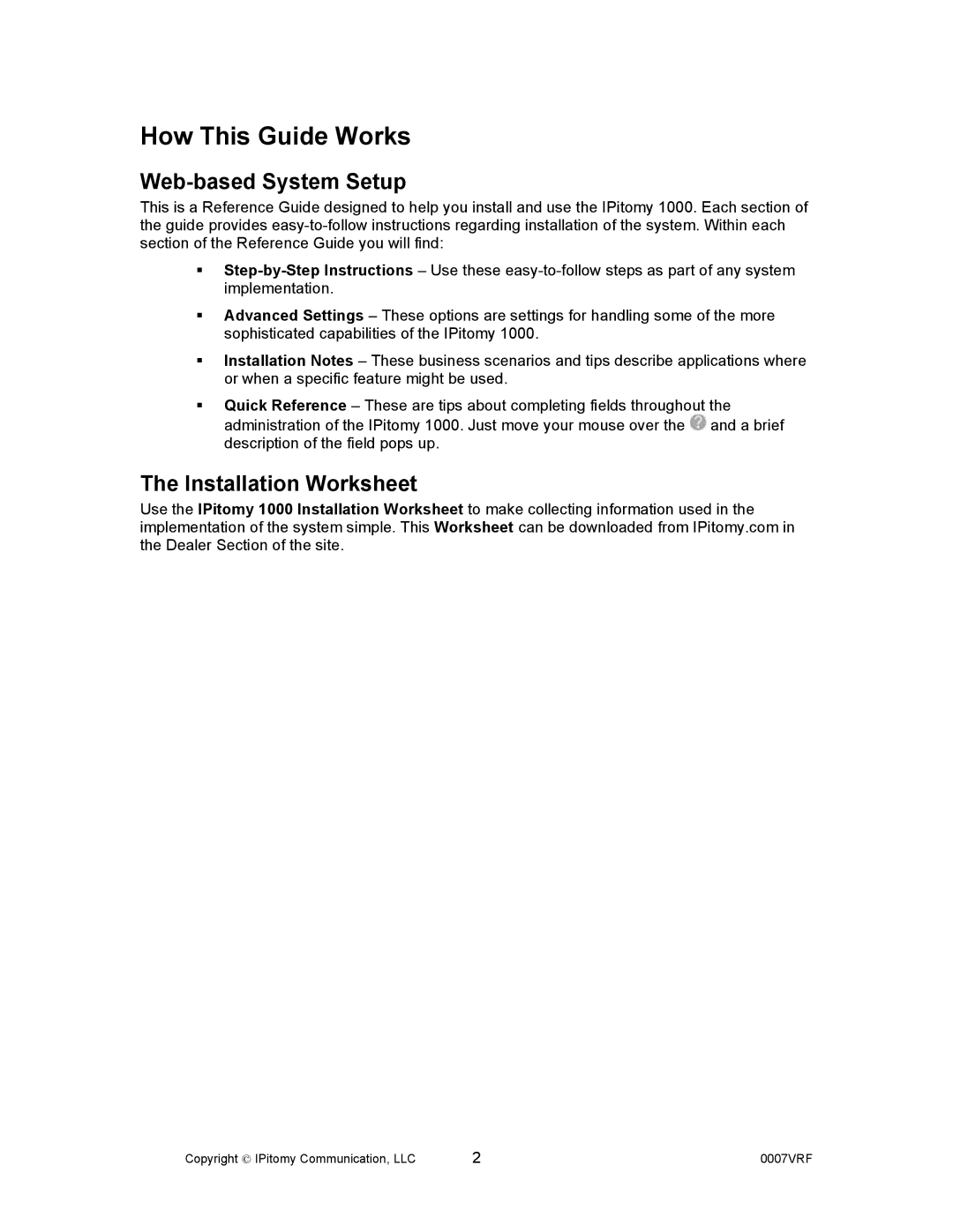 Aastra Telecom 1000 manual Web-based System Setup, Installation Worksheet 