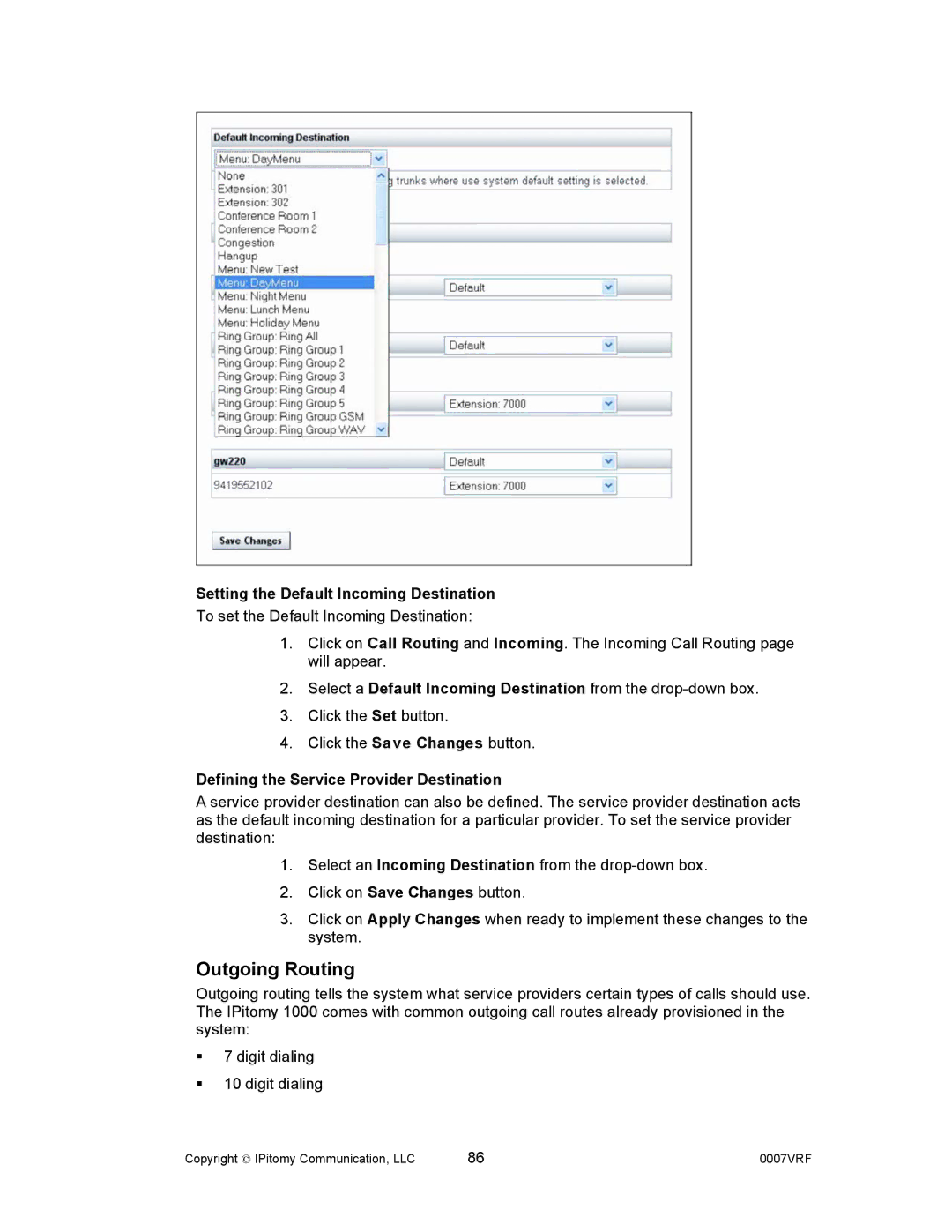 Aastra Telecom 1000 Outgoing Routing, Setting the Default Incoming Destination, Defining the Service Provider Destination 