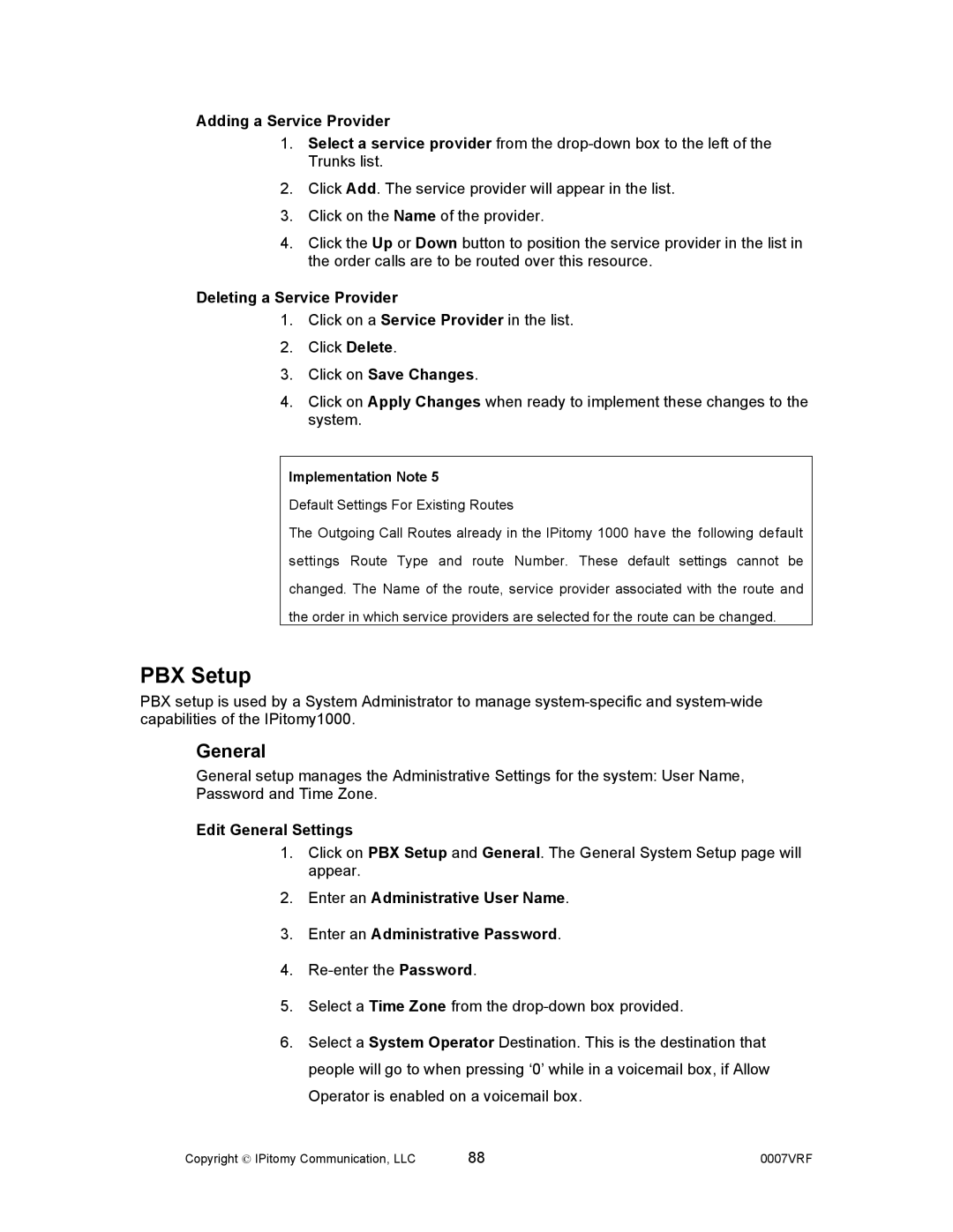 Aastra Telecom 1000 manual PBX Setup, Adding a Service Provider, Deleting a Service Provider, Edit General Settings 