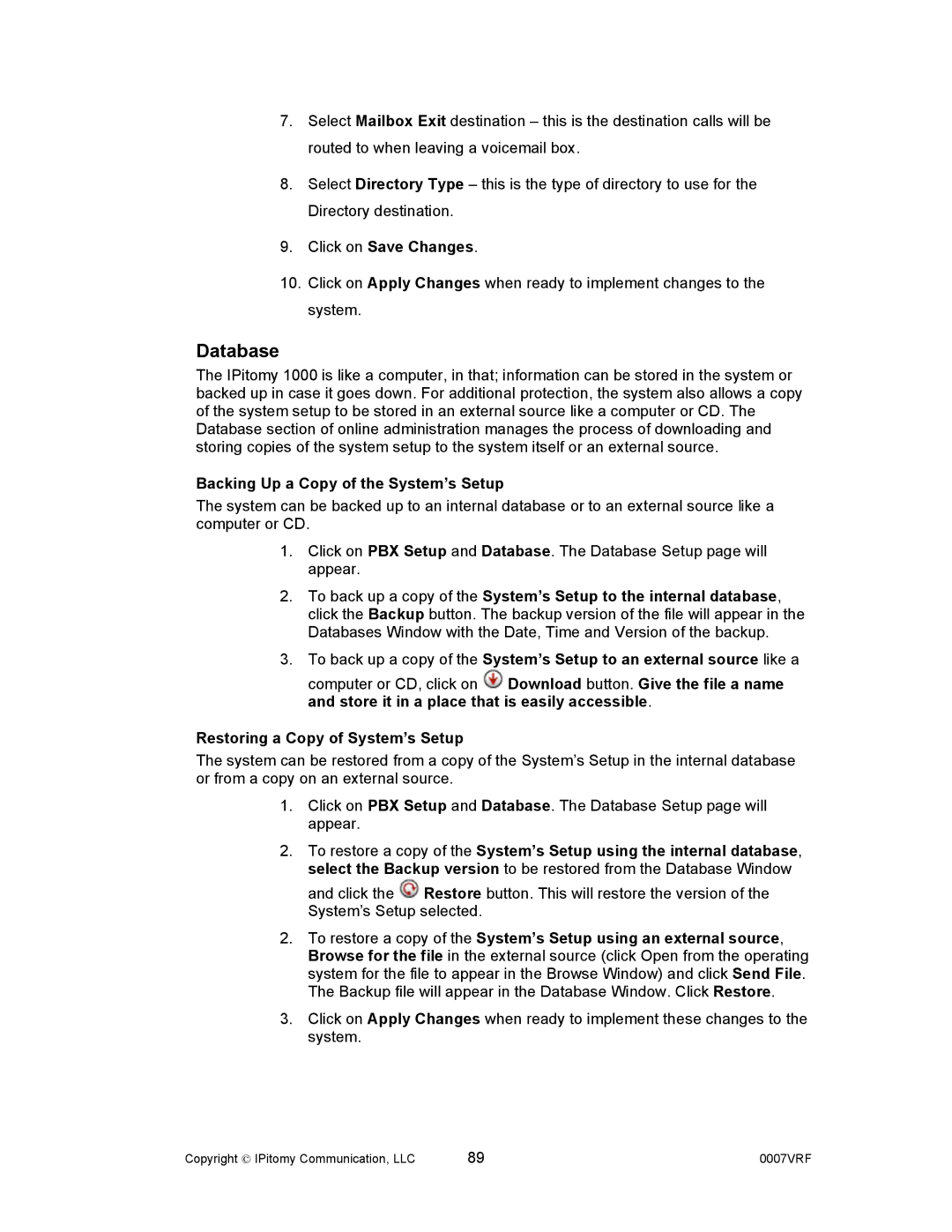 Aastra Telecom 1000 manual Database, Backing Up a Copy of the System’s Setup 