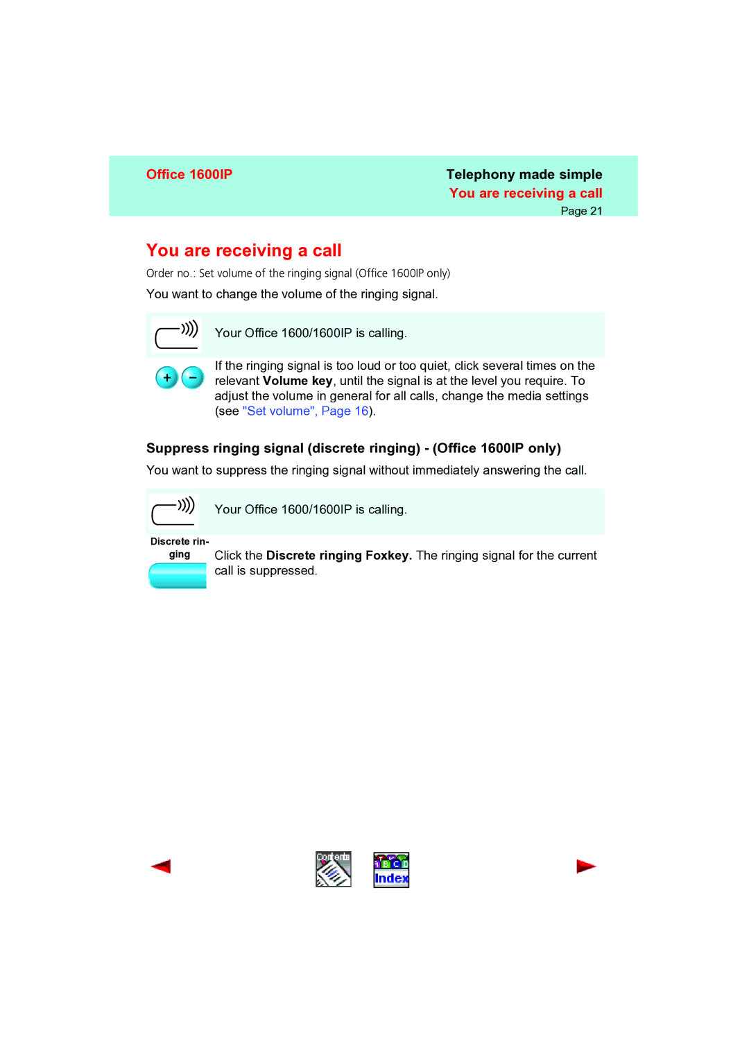 Aastra Telecom manual You are receiving a call, Suppress ringing signal discrete ringing Office 1600IP only 