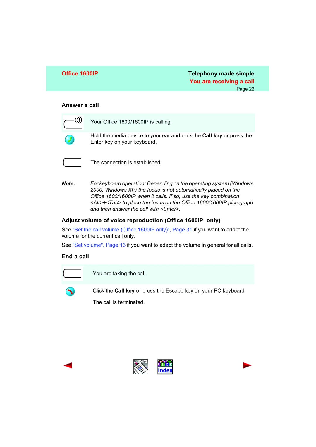 Aastra Telecom manual Adjust volume of voice reproduction Office 1600IP only, End a call 