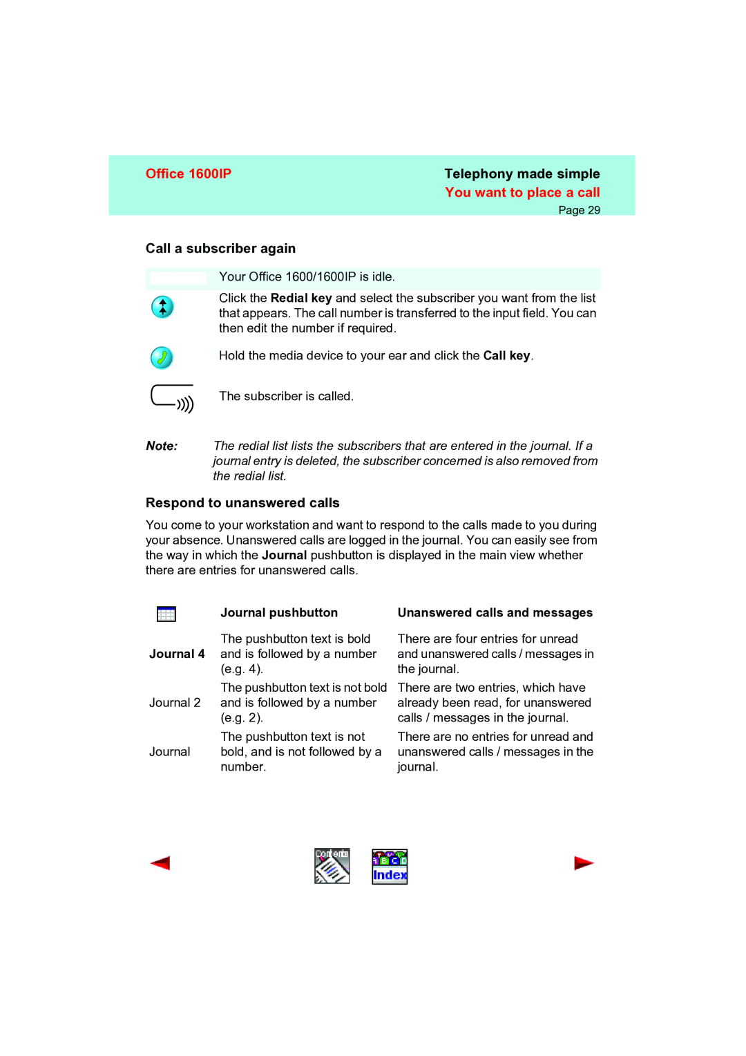 Aastra Telecom 1600IP manual Respond to unanswered calls, Journal pushbutton, Unanswered calls and messages 