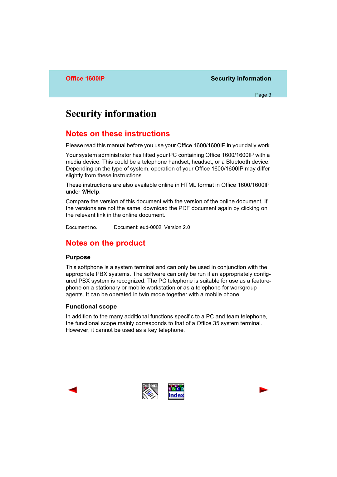 Aastra Telecom 1600IP manual Security information, Purpose, Functional scope 