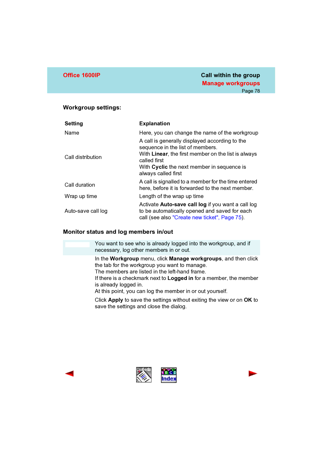 Aastra Telecom 1600IP manual Workgroup settings, Monitor status and log members in/out, Setting, Explanation 