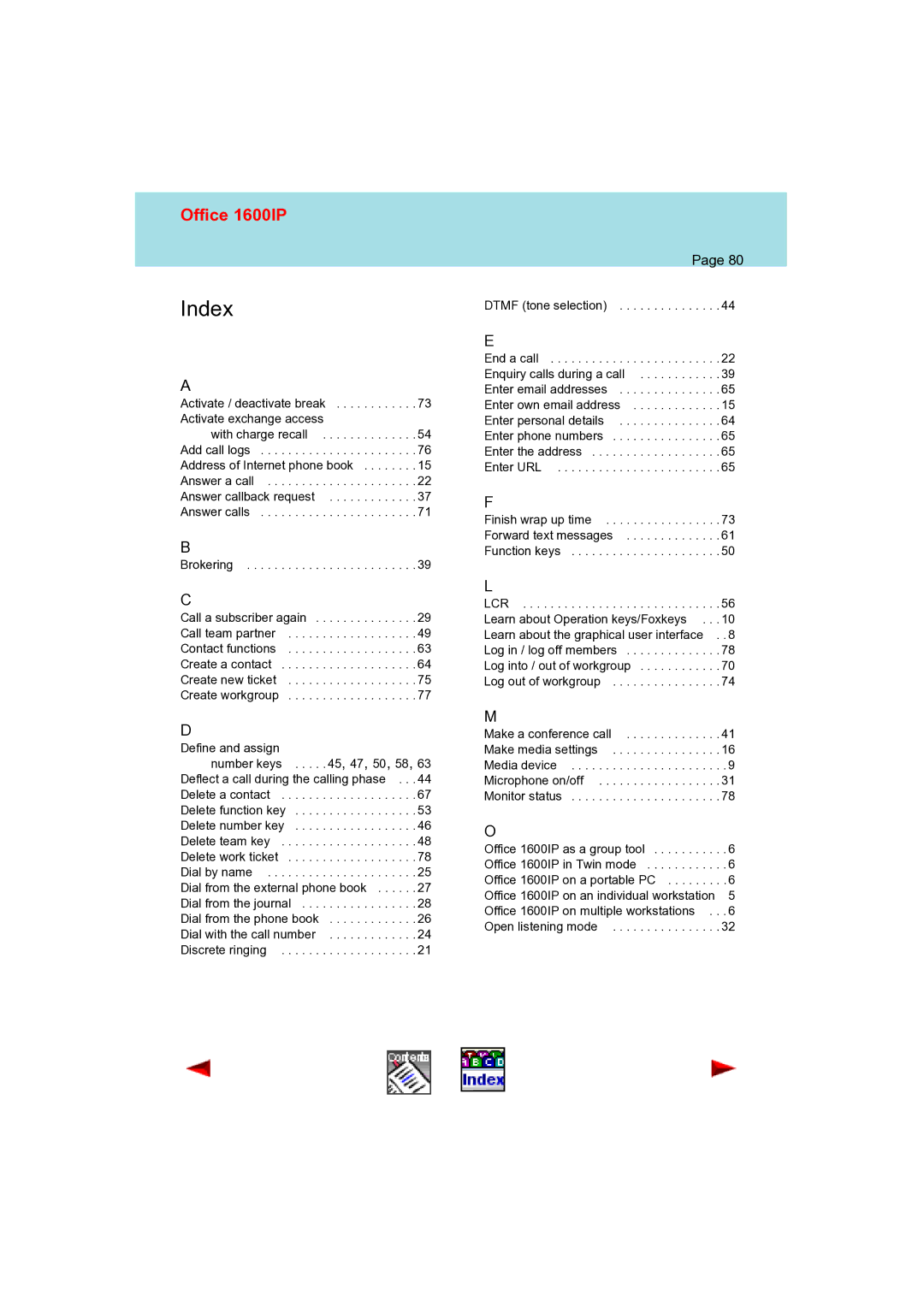 Aastra Telecom 1600IP manual Index 