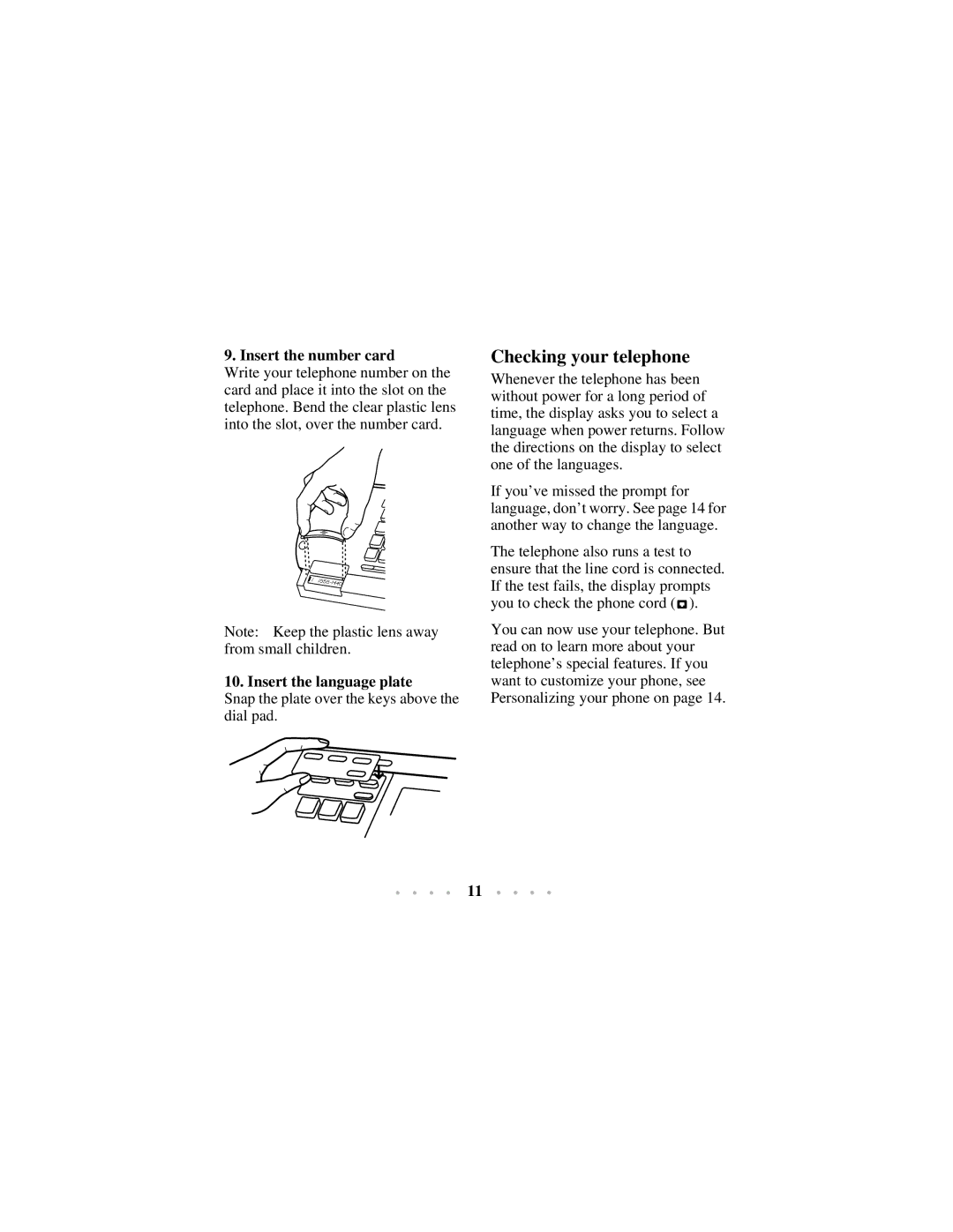 Aastra Telecom 350 manual Checking your telephone, Insert the number card 