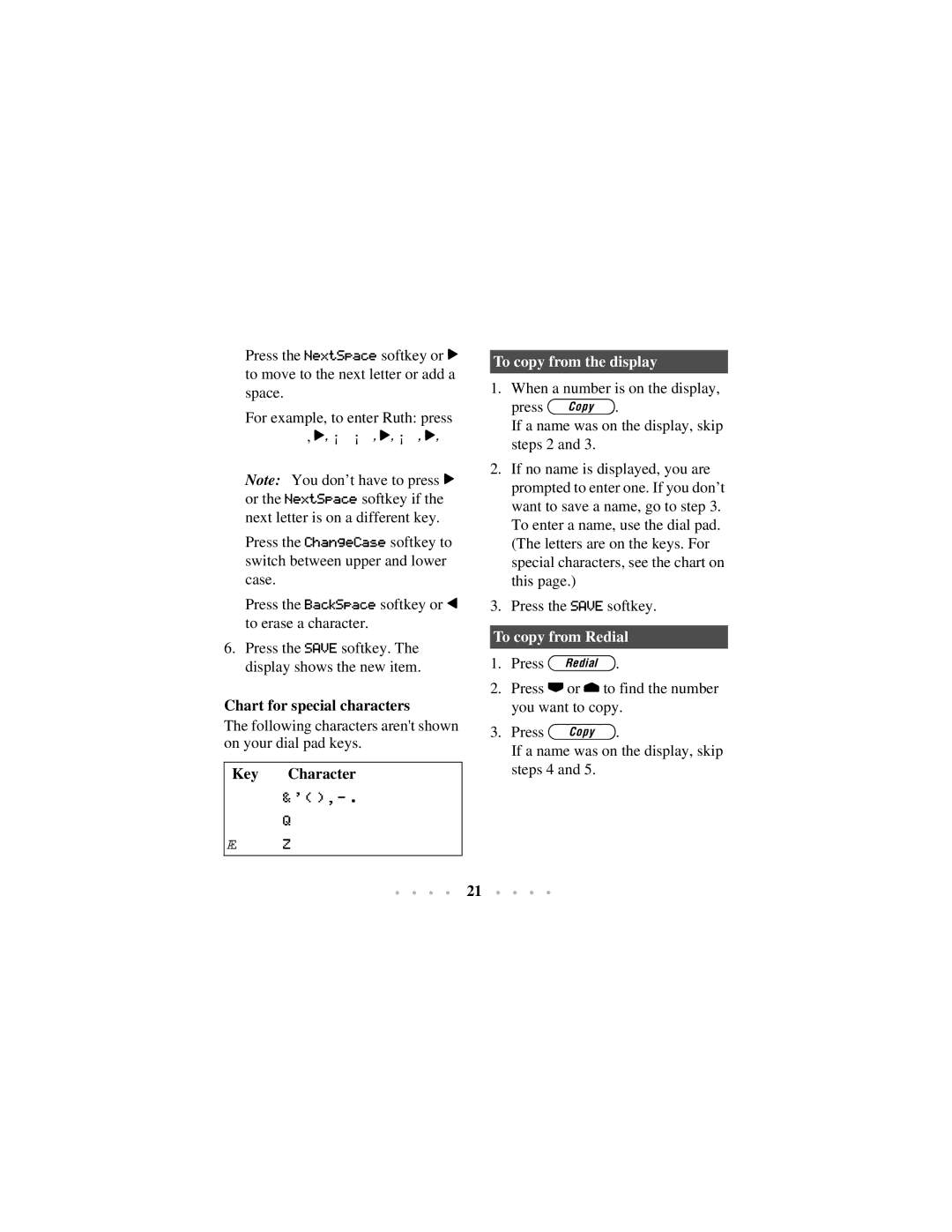 Aastra Telecom 350 manual Chart for special characters, To copy from Redial 