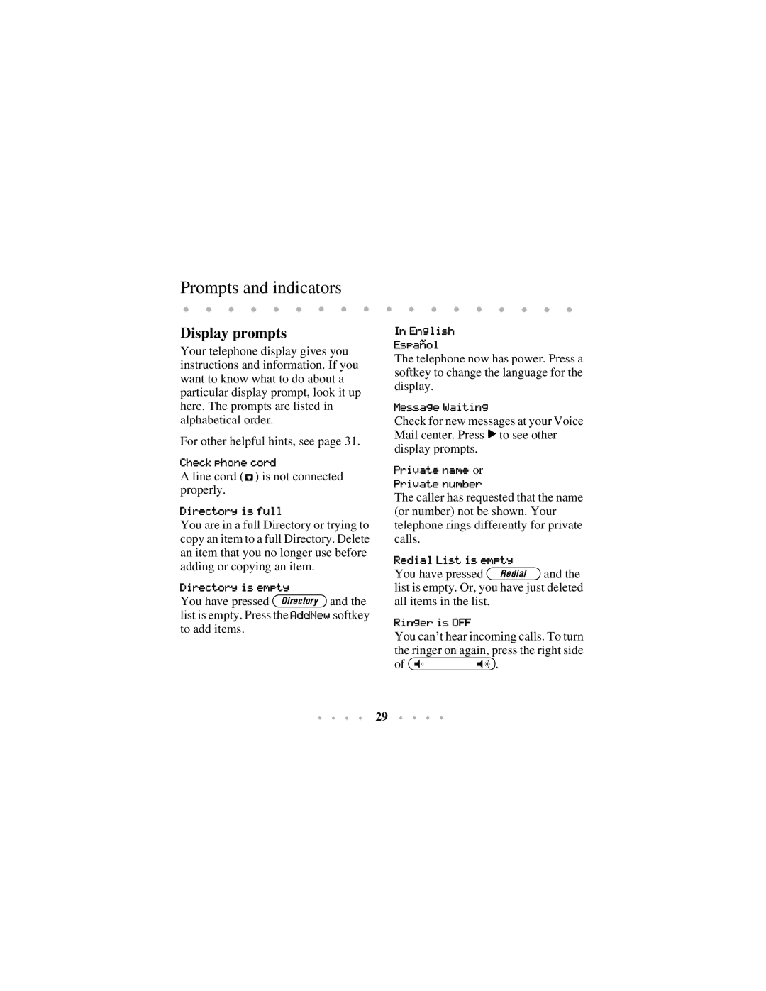 Aastra Telecom 350 manual Prompts and indicators, Display prompts 