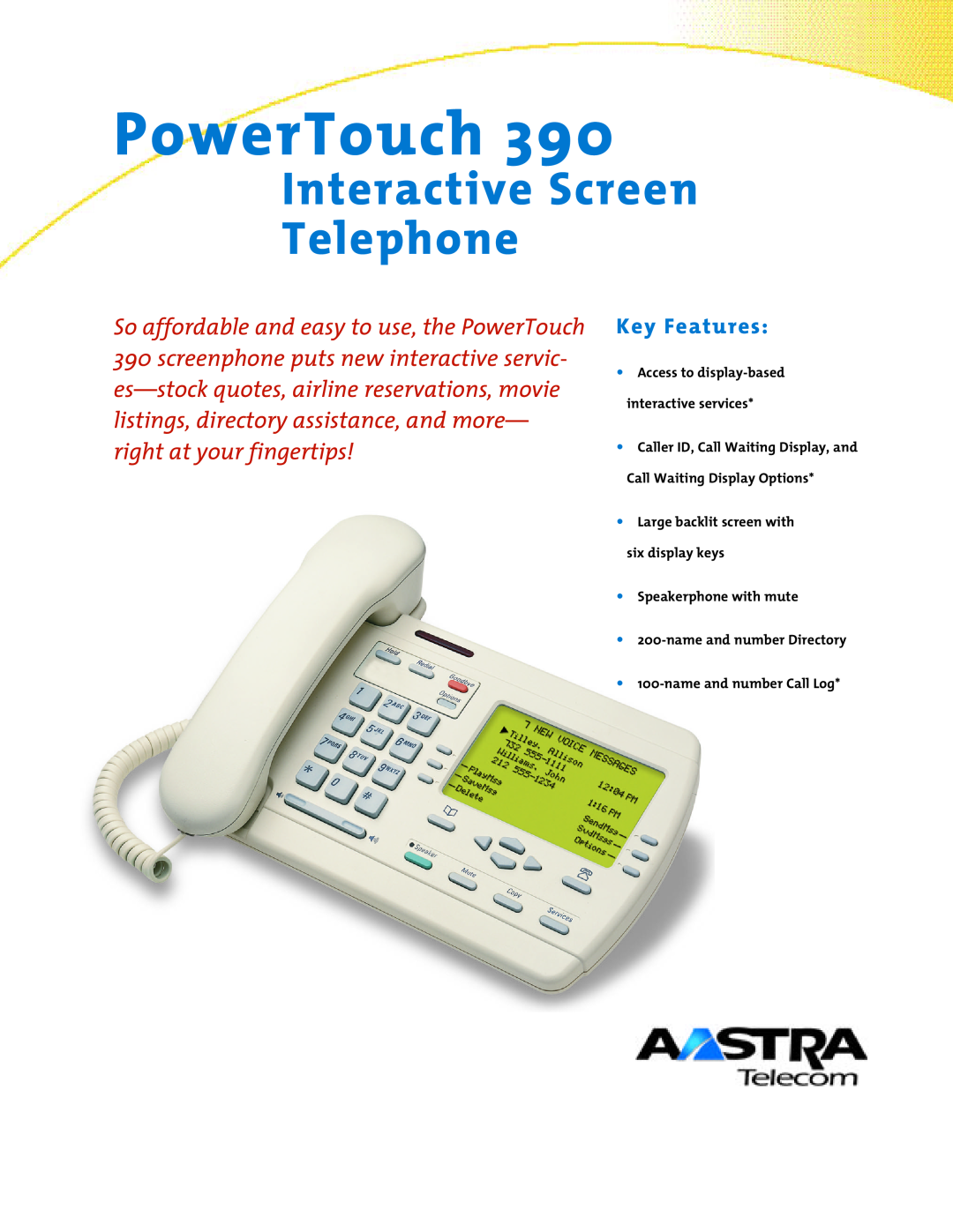 Aastra Telecom 390 manual PowerTouch, Interactive Screen Telephone, Key Features 