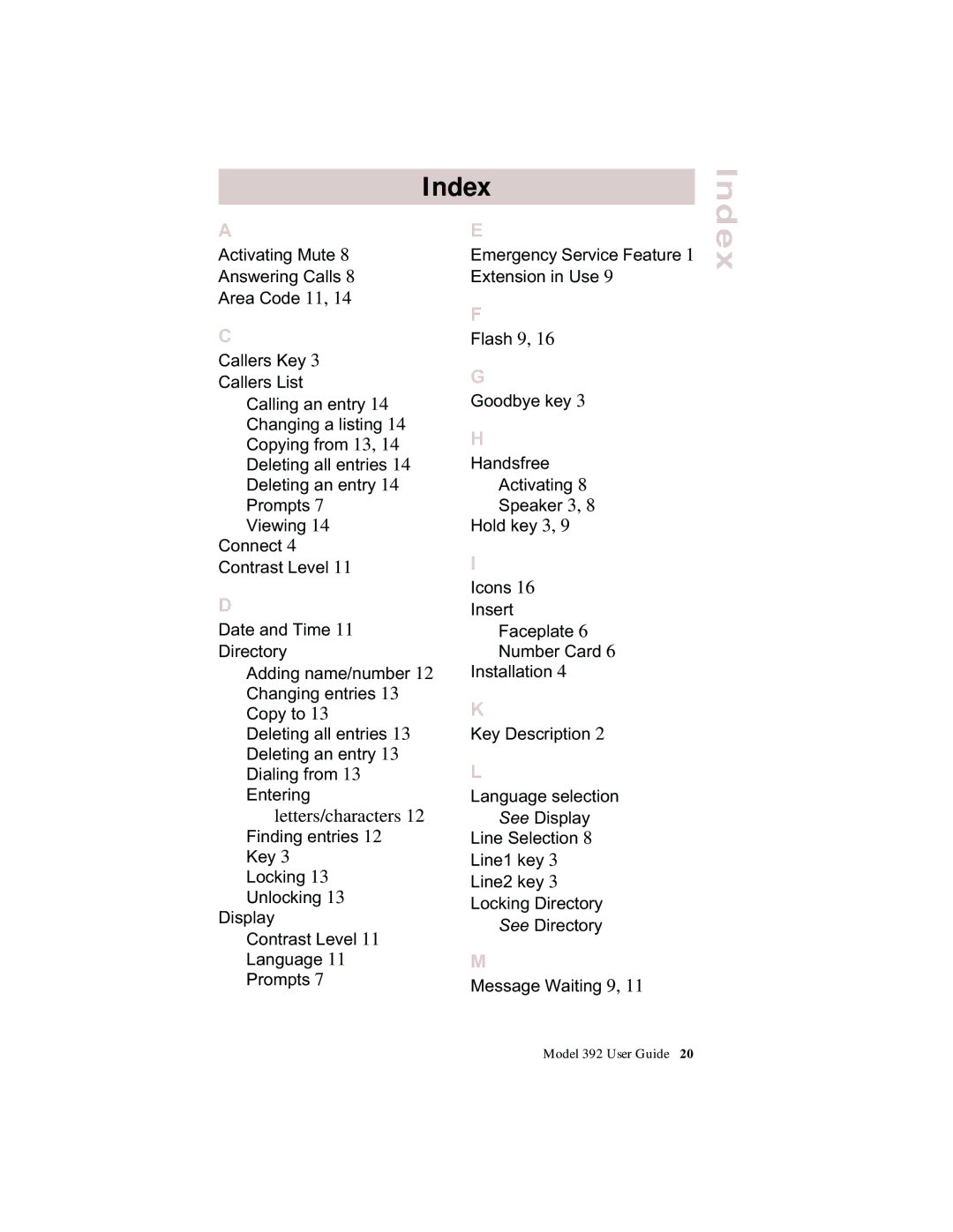 Aastra Telecom 392 manual Index 