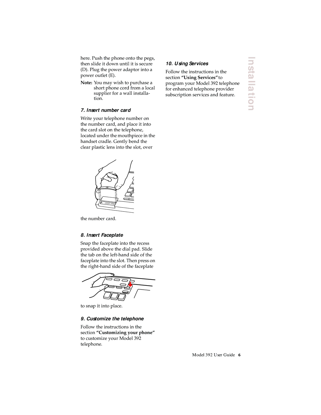 Aastra Telecom 392 manual Insert number card, Insert Faceplate, Customize the telephone, Using Services 