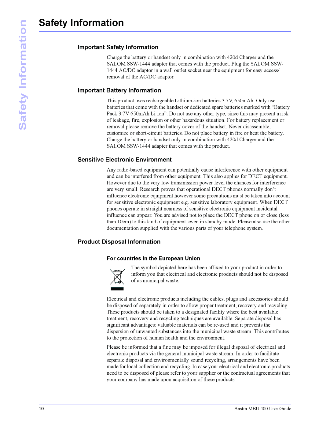 Aastra Telecom 41-001286-00 manual Safety Information 