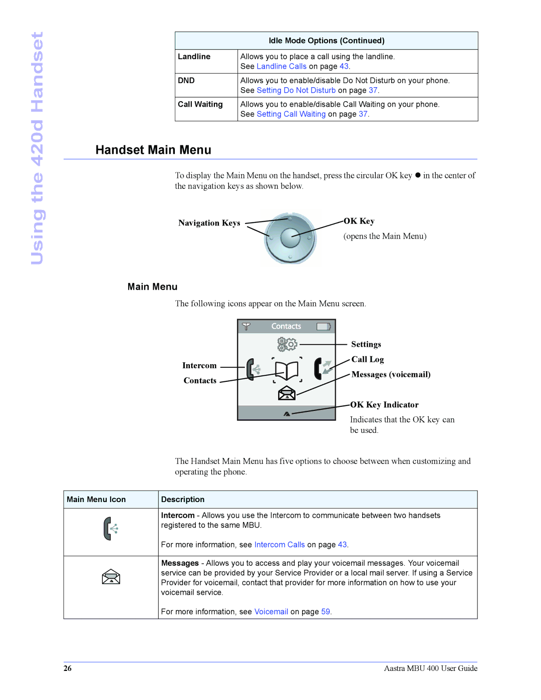 Aastra Telecom 41-001286-00 manual Handset Main Menu 