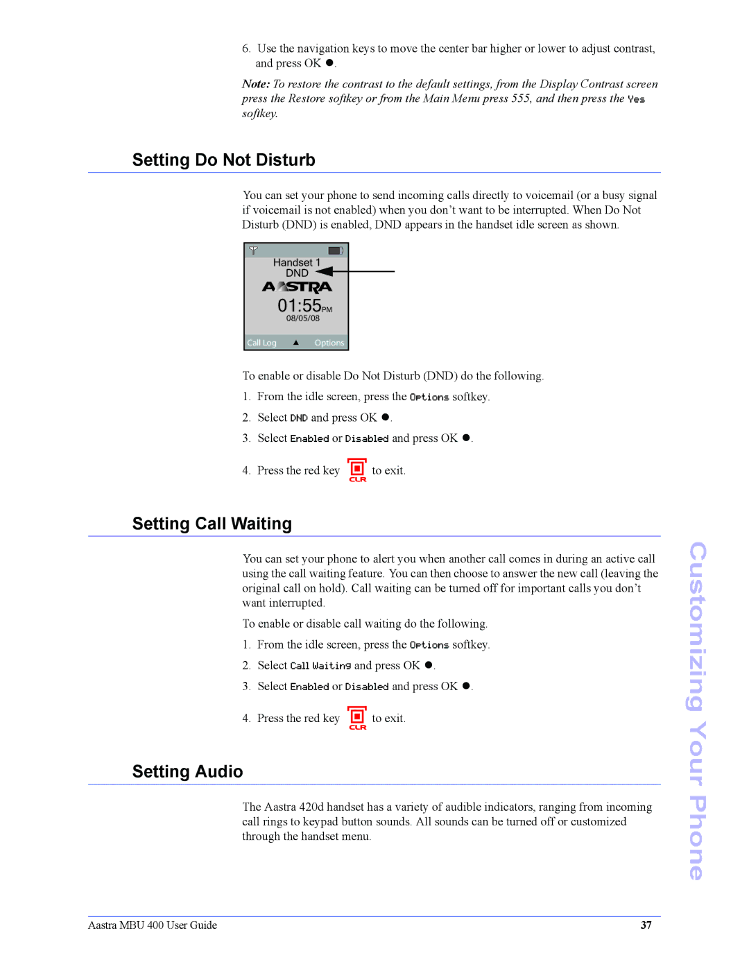 Aastra Telecom 41-001286-00 manual Setting Do Not Disturb, Setting Call Waiting, Setting Audio 