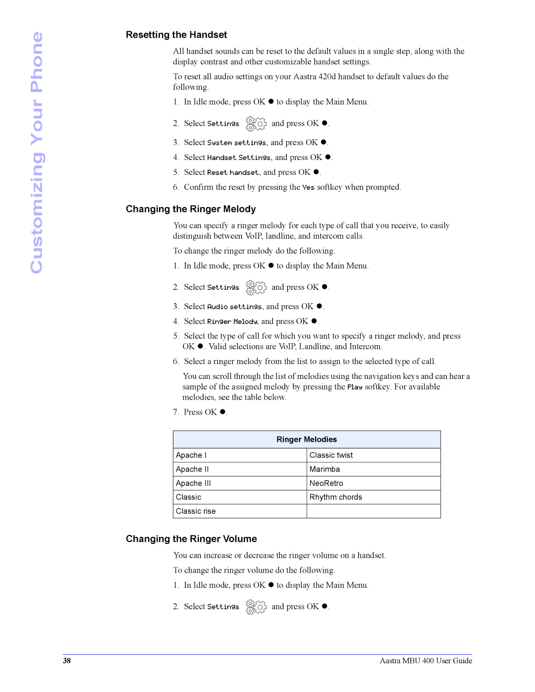 Aastra Telecom 41-001286-00 manual Resetting the Handset, Changing the Ringer Melody, Changing the Ringer Volume 