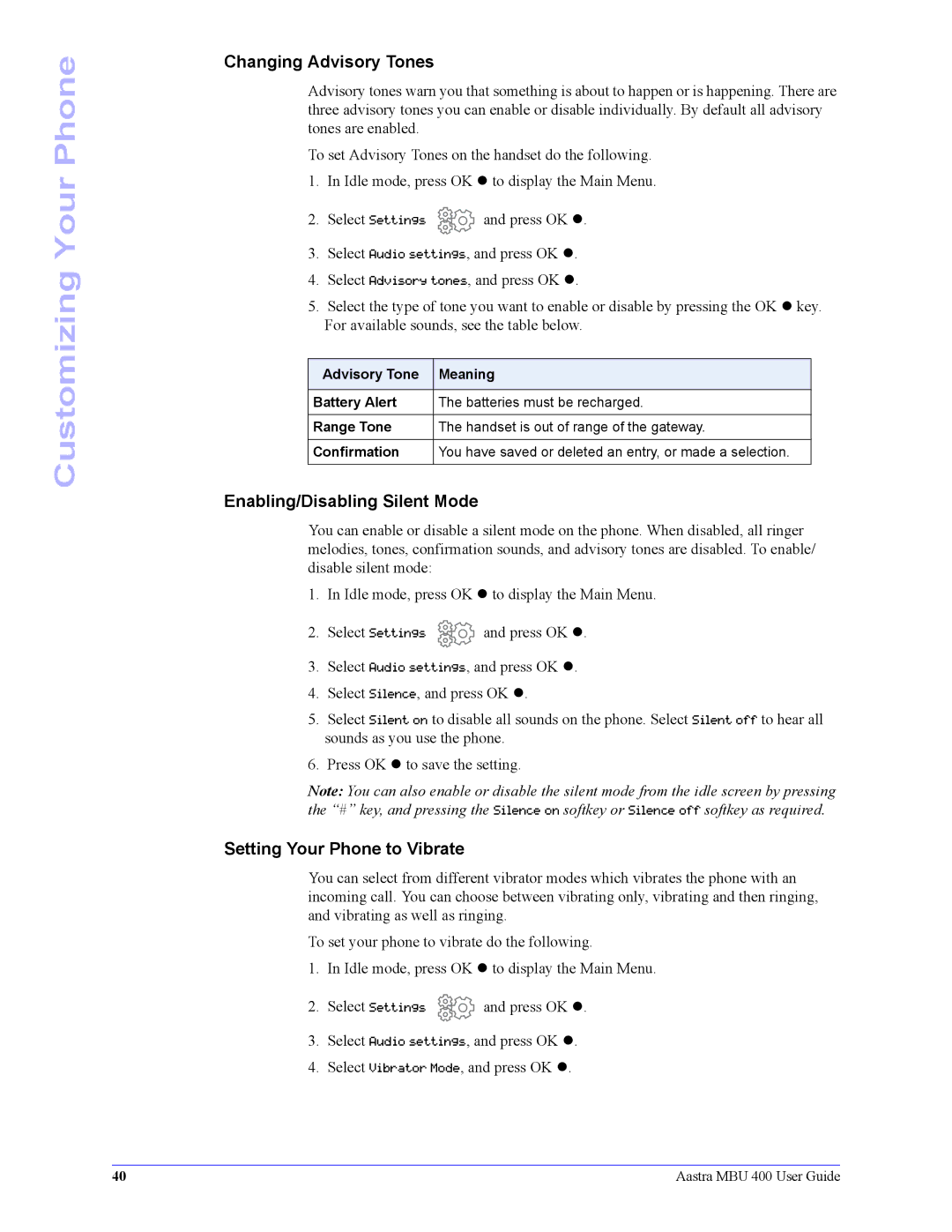 Aastra Telecom 41-001286-00 manual Changing Advisory Tones, Enabling/Disabling Silent Mode, Setting Your Phone to Vibrate 