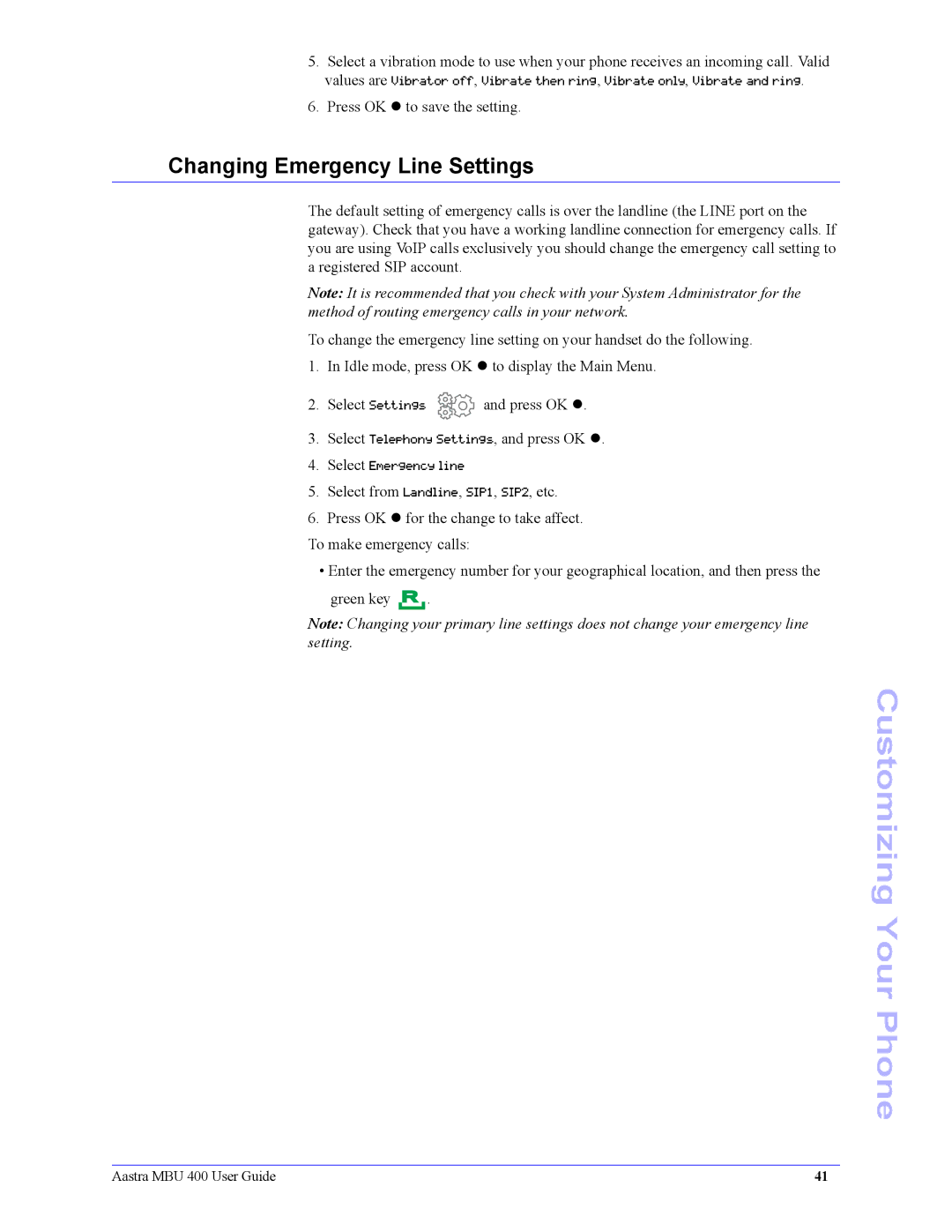 Aastra Telecom 41-001286-00 manual Changing Emergency Line Settings 