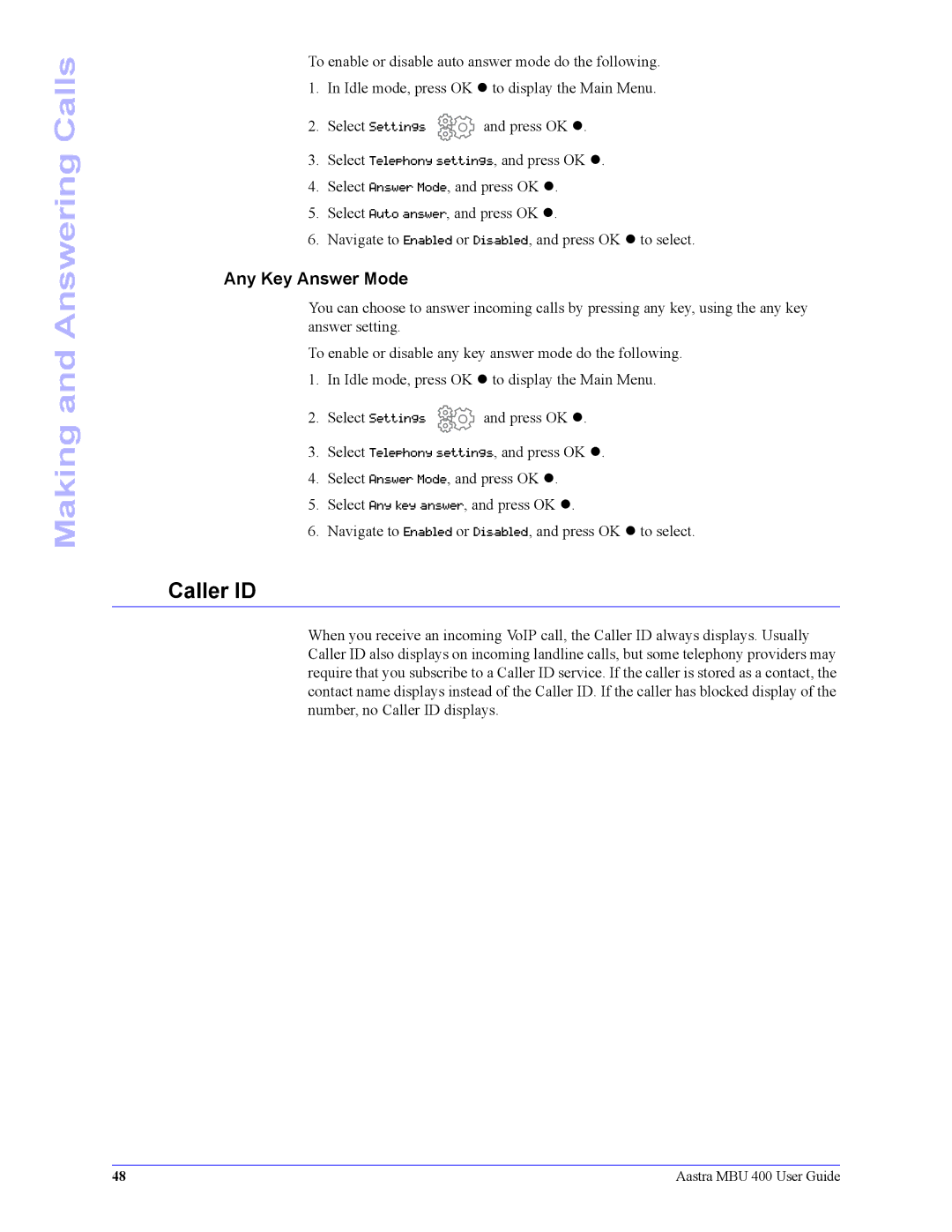 Aastra Telecom 41-001286-00 manual Caller ID, Any Key Answer Mode 