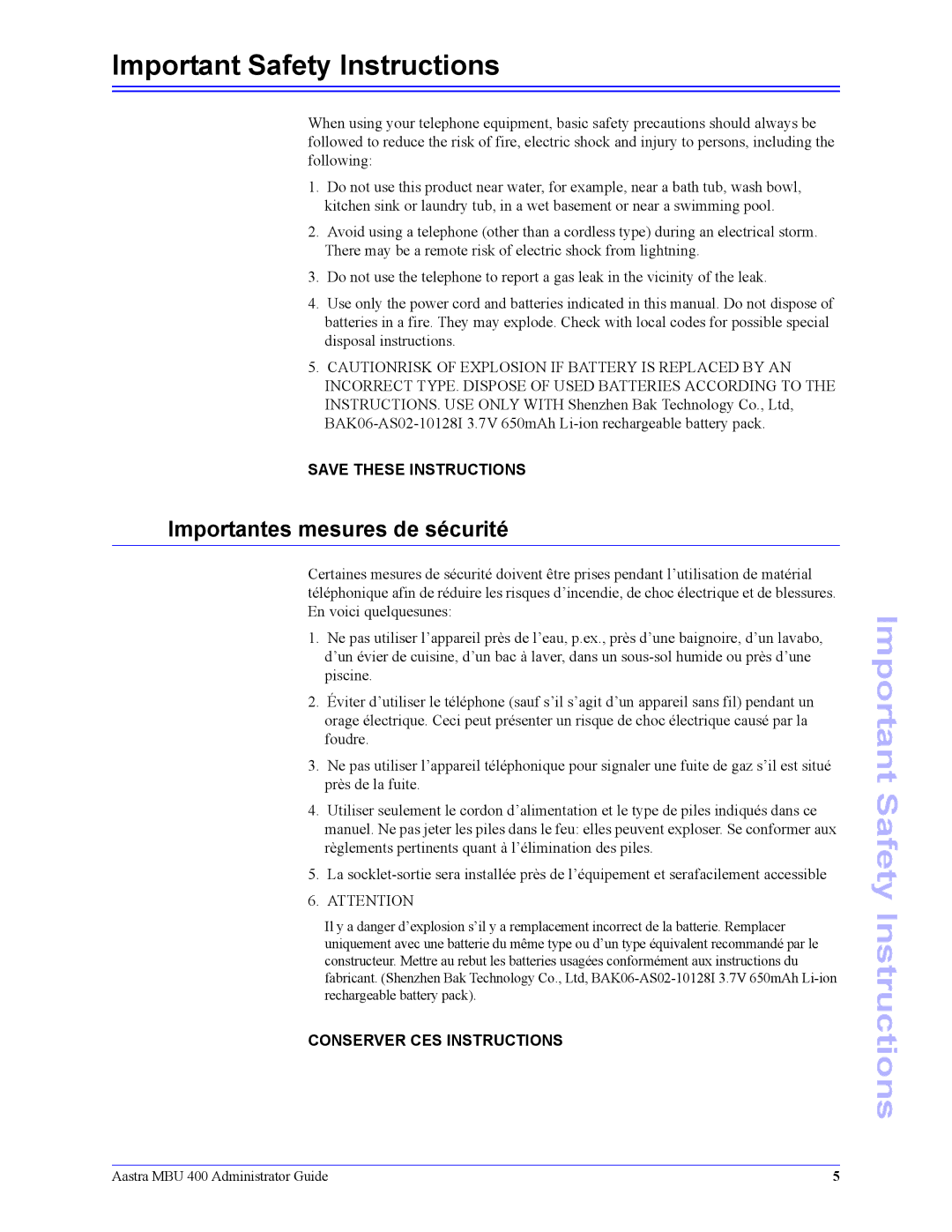 Aastra Telecom 41-001286-00 manual Important Safety Instructions, Importantes mesures de sécurité 