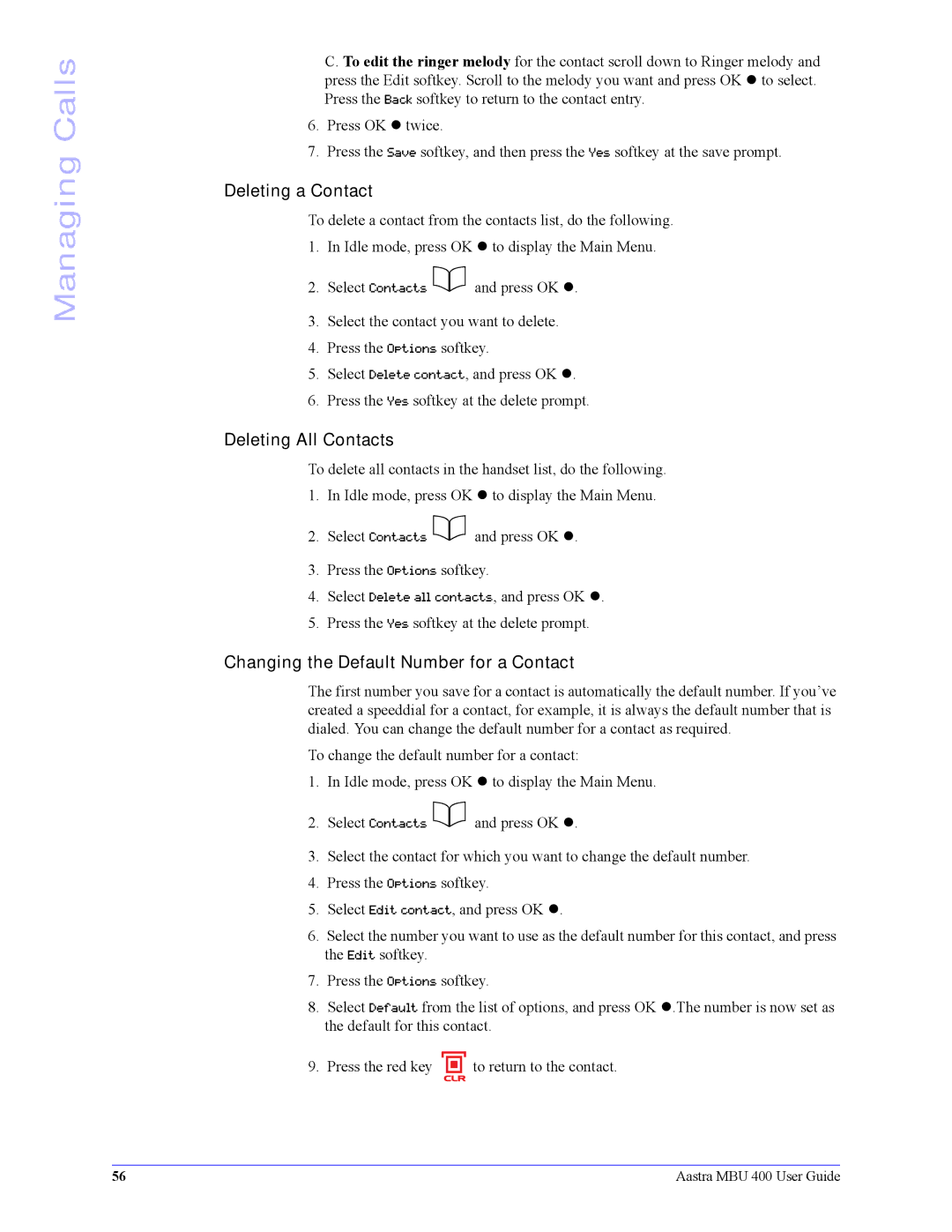 Aastra Telecom 41-001286-00 manual Deleting a Contact, Deleting All Contacts, Changing the Default Number for a Contact 