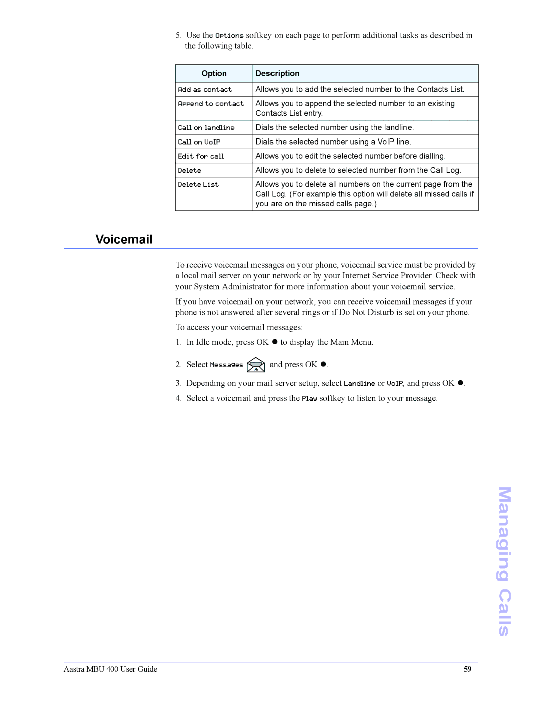 Aastra Telecom 41-001286-00 manual Voicemail 