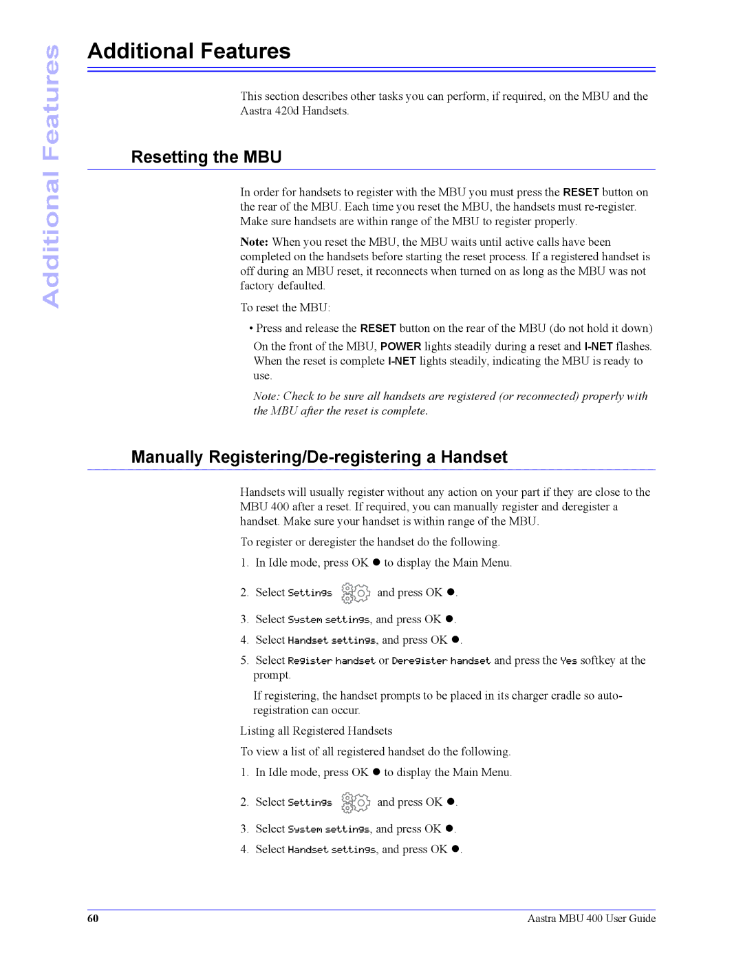 Aastra Telecom 41-001286-00 manual Additional Features, Resetting the MBU, Manually Registering/De-registering a Handset 