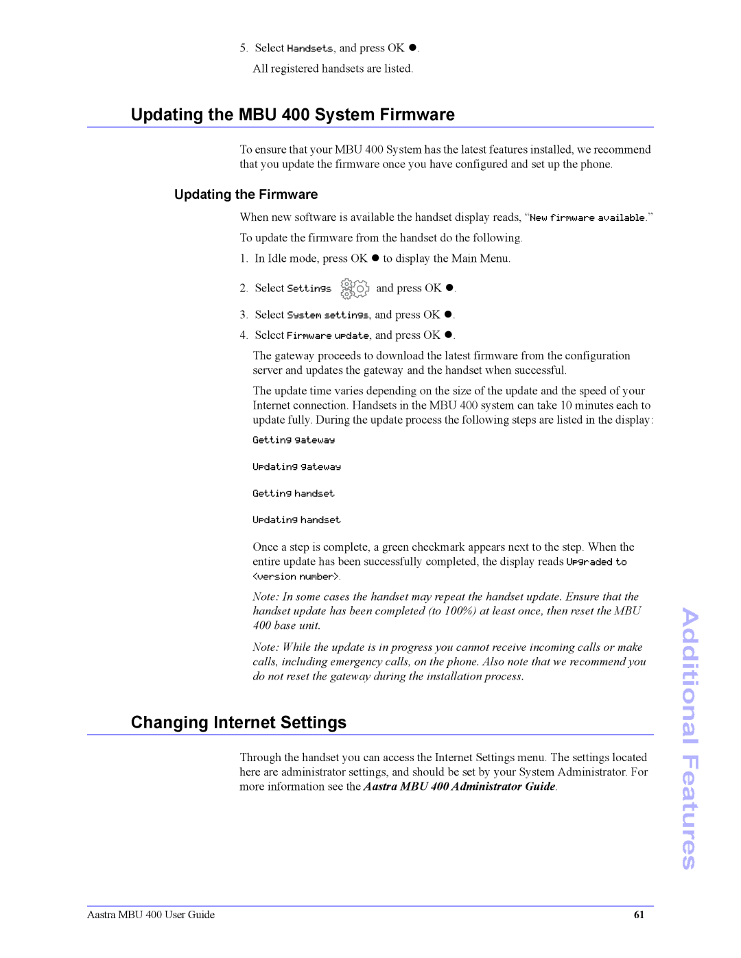 Aastra Telecom 41-001286-00 manual Updating the MBU 400 System Firmware, Changing Internet Settings, Updating the Firmware 